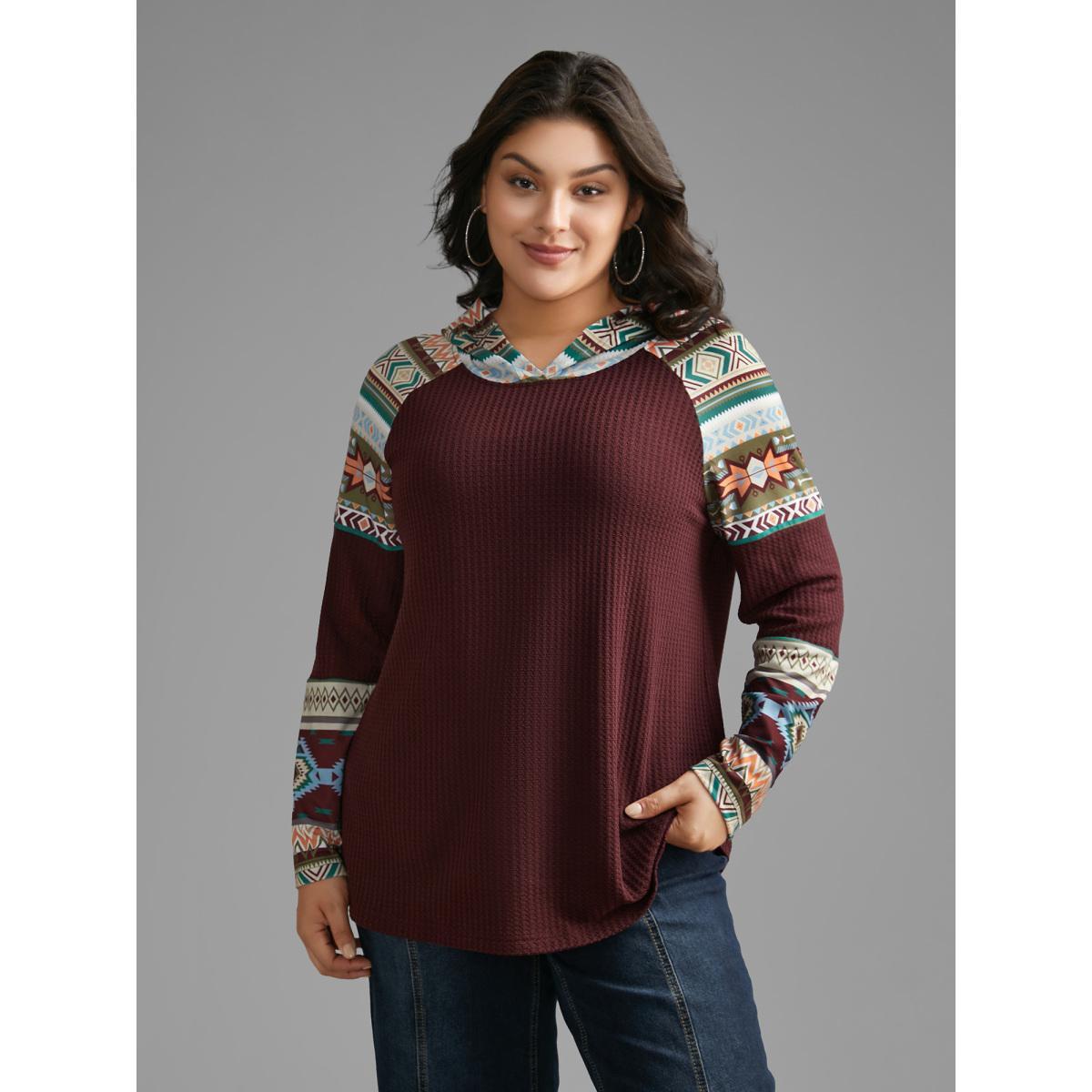 Plus Size Bandana Print Texture Patchwork Hooded T-shirt Plum Women Casual Texture Hooded Everyday T-shirts BloomChic 22-24/3X Product Image