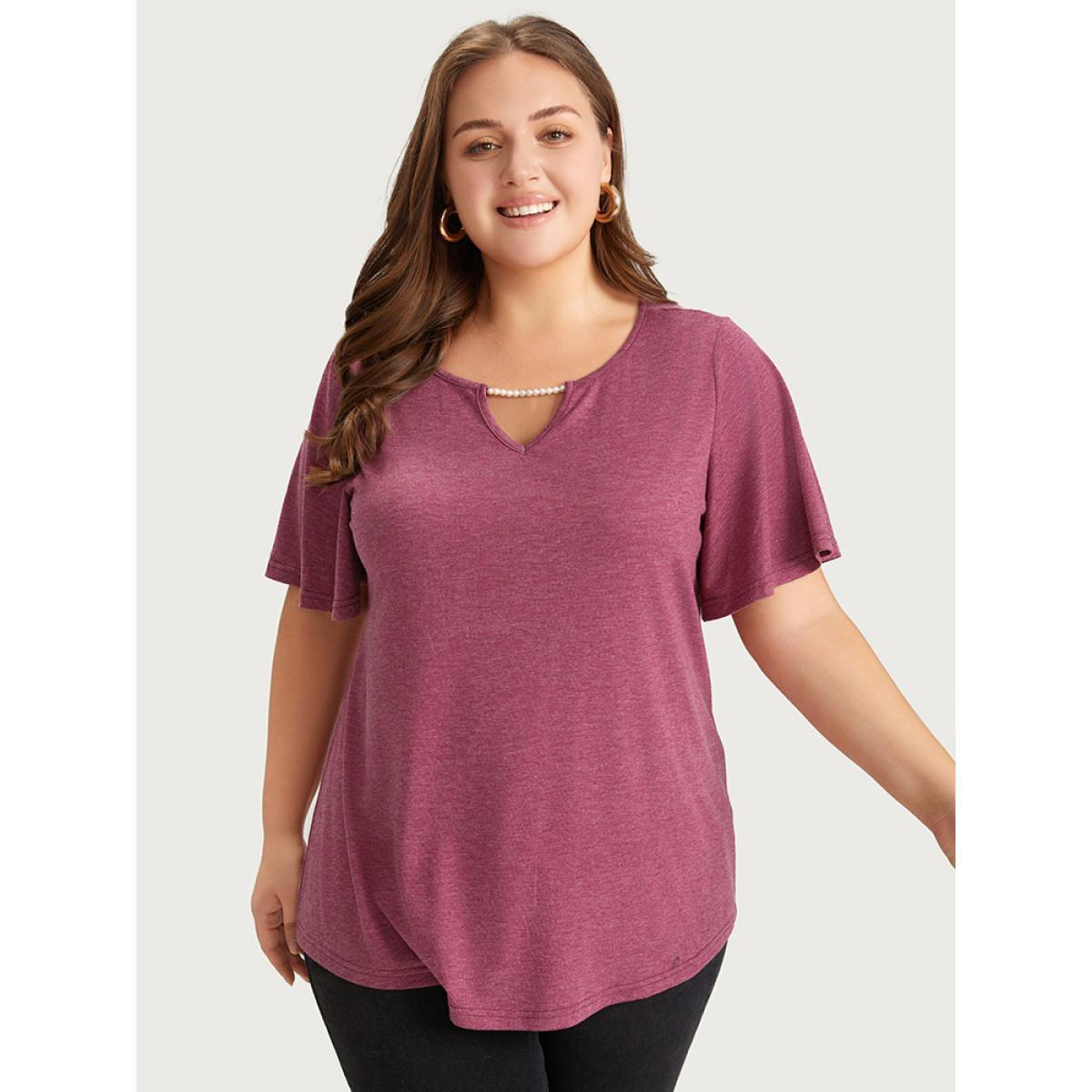 Plus Size Plain Keyhole Pearl Beaded Flutter Sleeve T-shirt RedViolet Women Elegant Cut-Out Plain Round Neck Dailywear T-shirts BloomChic 18-20/2X Product Image