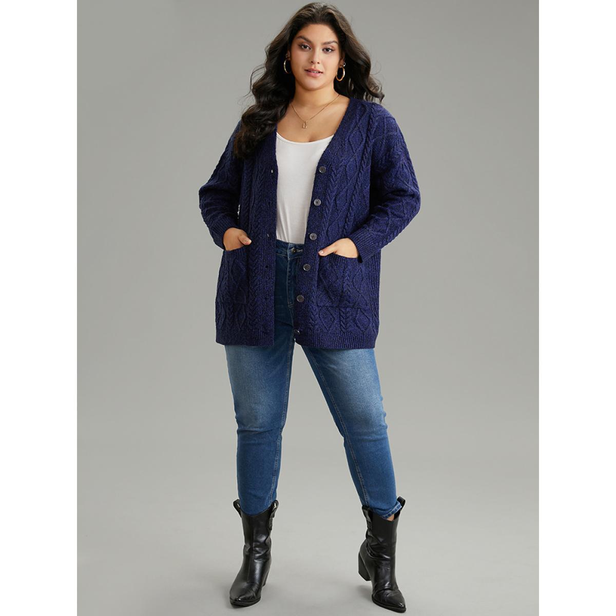 Plus Size Plain Geometric Texture Button Up Cable Knit Cardigan Midnight Women Casual Loose Long Sleeve Dailywear Cardigans BloomChic 30/6X Product Image