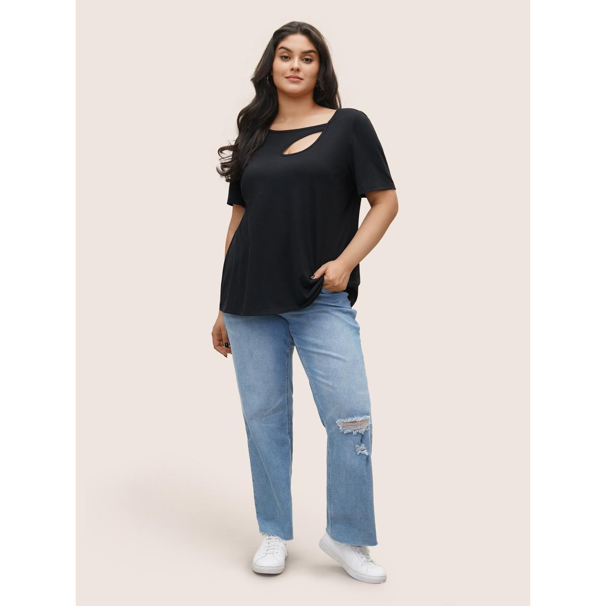 Plus Size Solid Asymmetrical Hem Cut Out T-shirt Black Women Casual Cut-Out Plain Asymmetrical Neck Everyday T-shirts BloomChic 18-20/2X Product Image