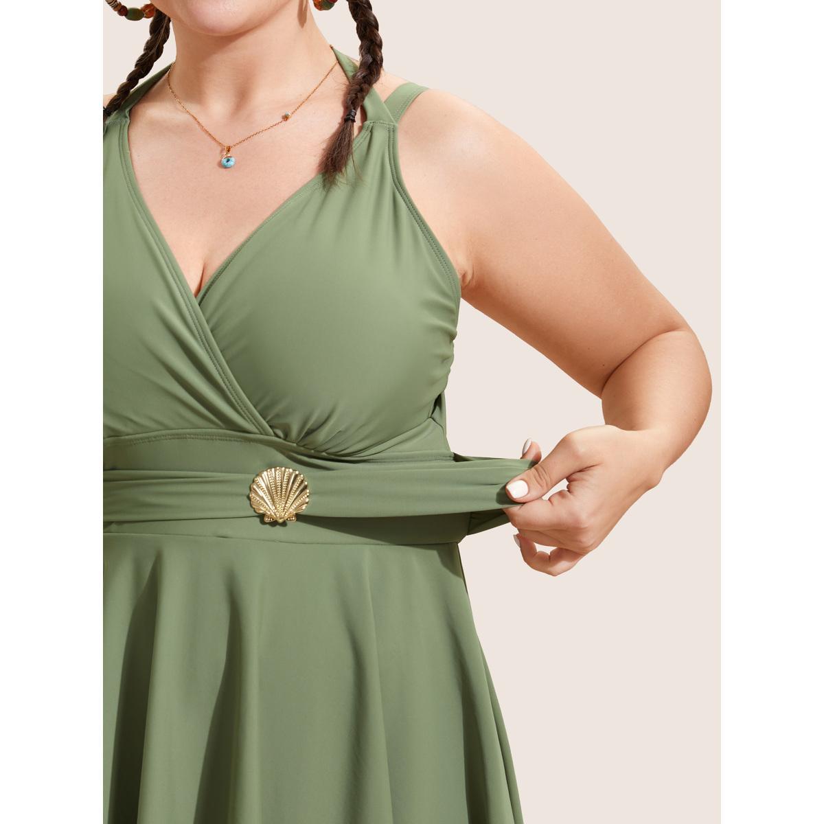 Plus Size Solid Tie Knot Metal Shell Detail Swim Dress Women's Swimwear Moss Beach Bodycon Overlap Collar High stretch Curve Swim Dresses BloomChic 12/L Product Image