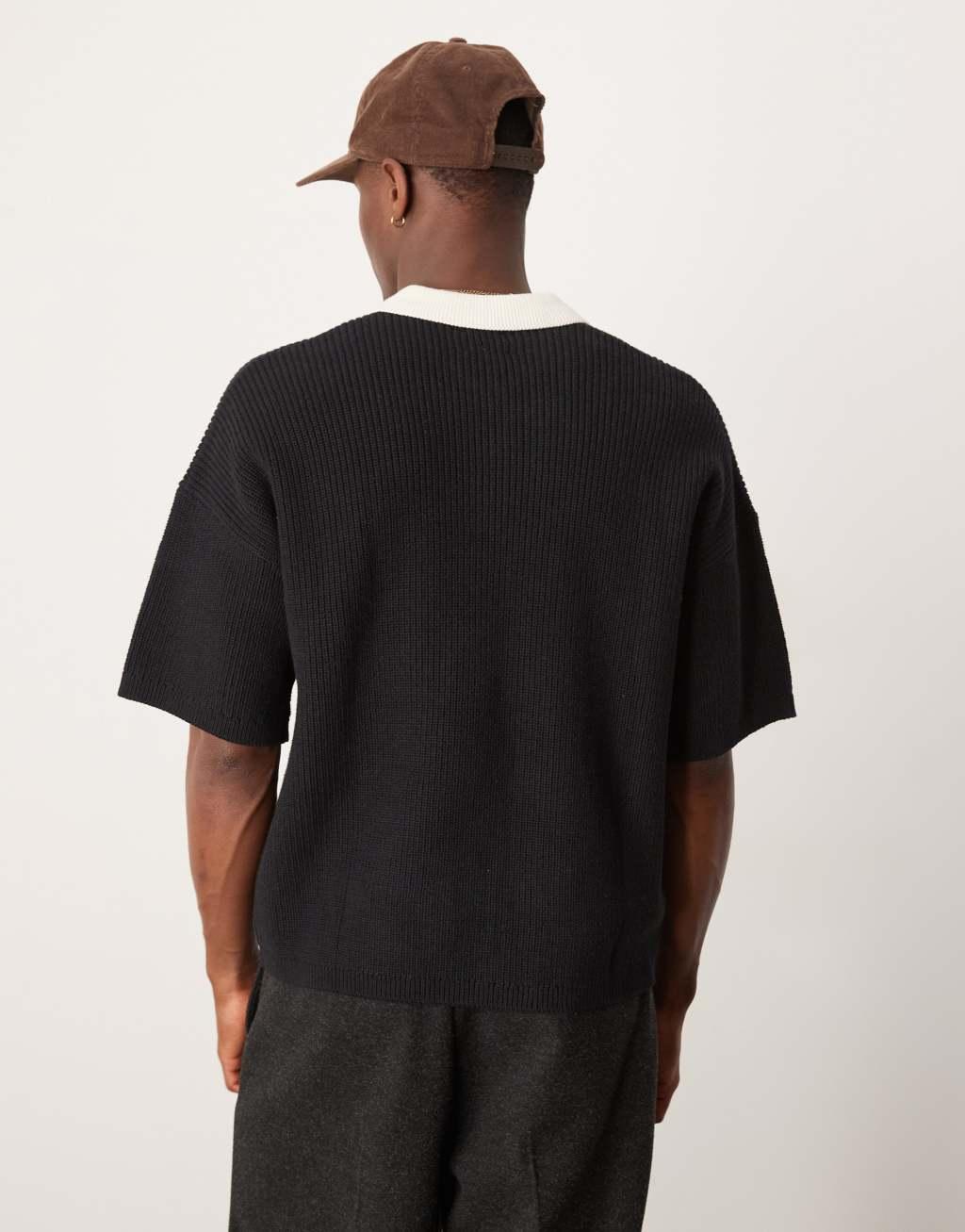 ASOS DESIGN relaxed boxy fit knitted polo with 3/4 length sleeves in black Product Image