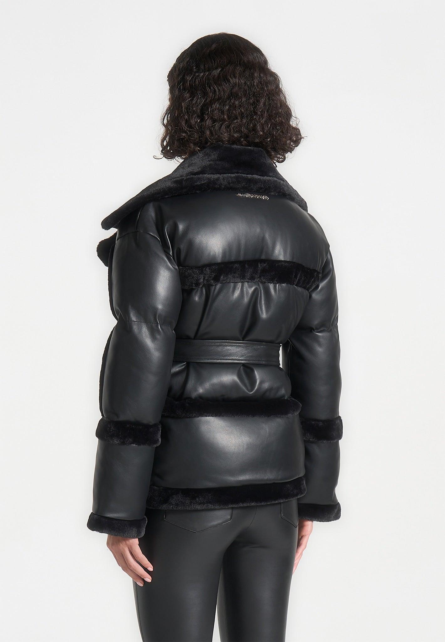 Leather and Plush Puffer Biker Jacket - Black Female Product Image