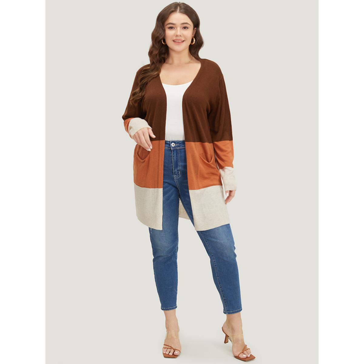 Plus Size Supersoft Essentials Colorblock Contrast Pocket Open Front Cardigan Orange Women Casual Loose Long Sleeve Everyday Cardigans BloomChic 10/M Product Image
