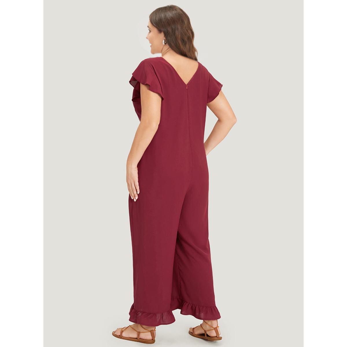 Plus Size Burgundy Plain Ruffle Cap Sleeve V Neck Zipper Jumpsuit Women Casual Cap Sleeve V-neck Dailywear Loose Jumpsuits BloomChic 22-24/3X Product Image