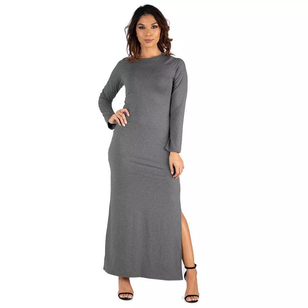 Women's 24seven Comfort Apparel Long Sleeve Side Slit Fitted Maxi Dress, Size: Medium, Grey Product Image
