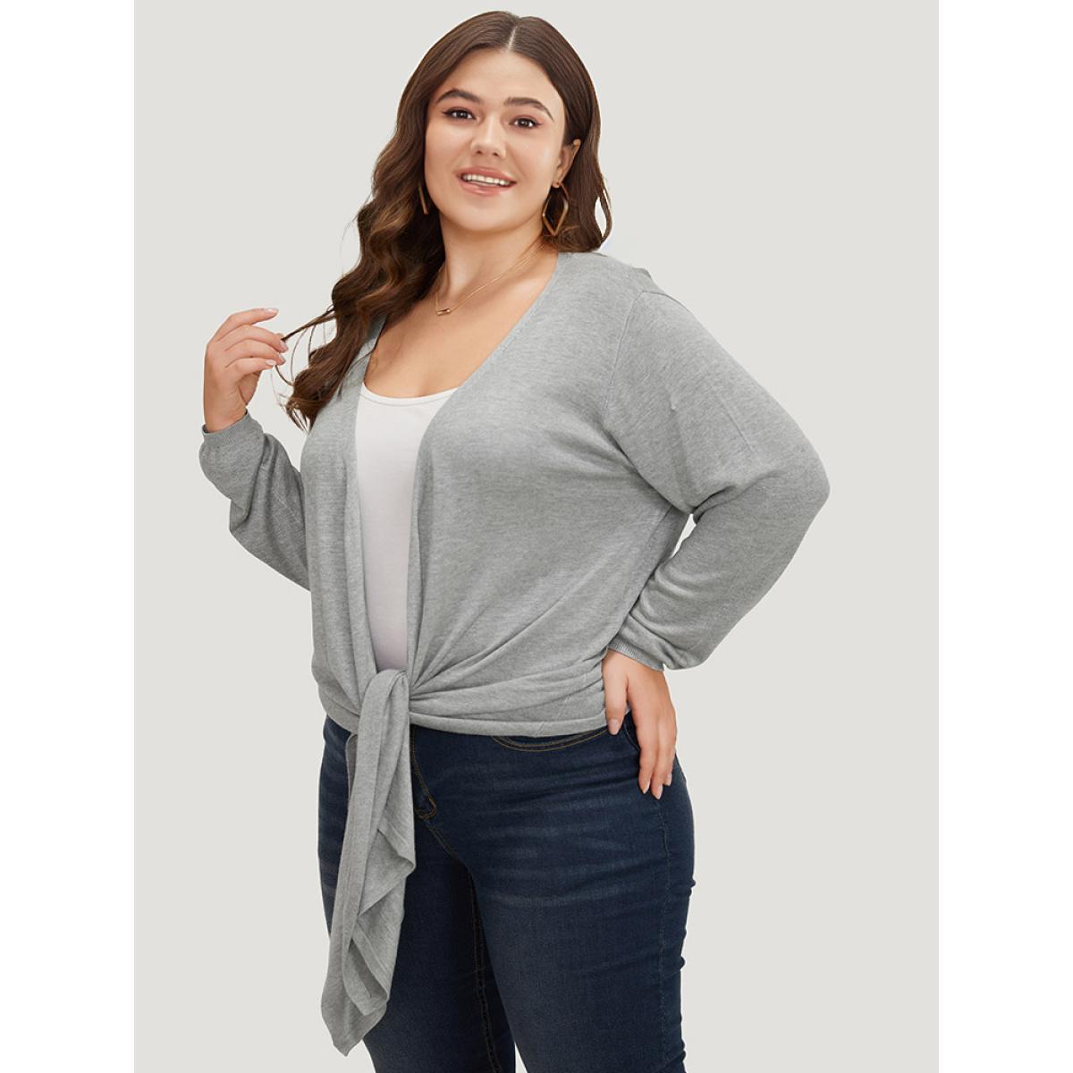 Plus Size Supersoft Essentials Plain Bowknot Front Supersoft Cardigan Gray Women Casual Loose Long Sleeve Everyday Cardigans BloomChic 14-16/1X Product Image