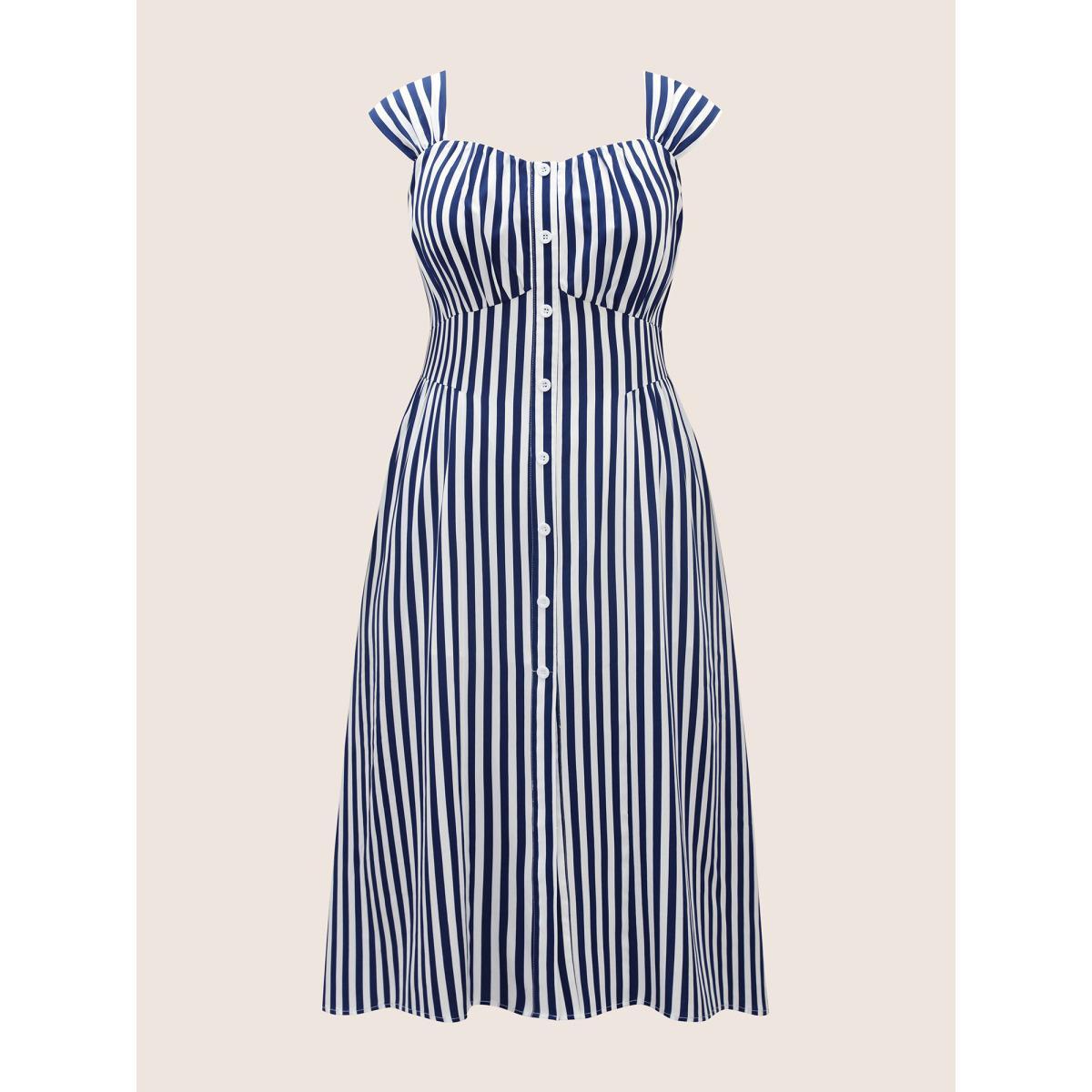 Plus Size Striped Button Detail Split Front Midi Dress Indigo Women Elegant Gathered Heart neckline Sleeveless Curvy BloomChic 18-20/2X Product Image