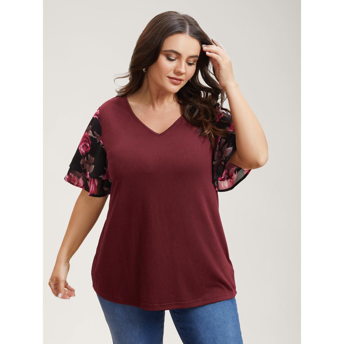 Plus Size Stretchy Floral Lotus Sleeve V-Neck T-Shirt Burgundy Women Casual Contrast Round Neck Everyday T-shirts BloomChic 26/4X Product Image