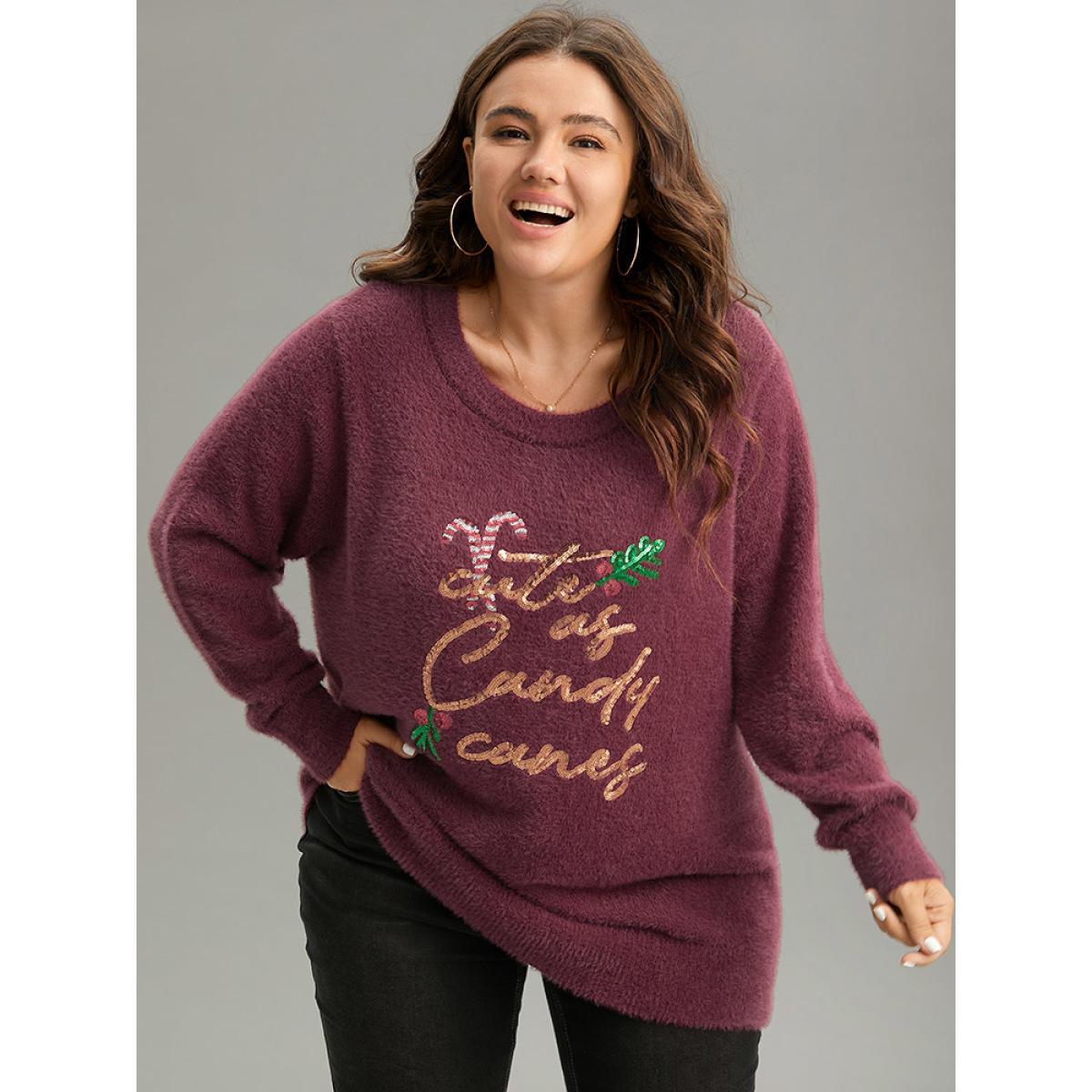 Plus Size Christmas Sequin Embroidered Fluffy Pullover Burgundy Women Casual Loose Long Sleeve Round Neck Festival-Christmas Pullovers BloomChic 28/5X Product Image