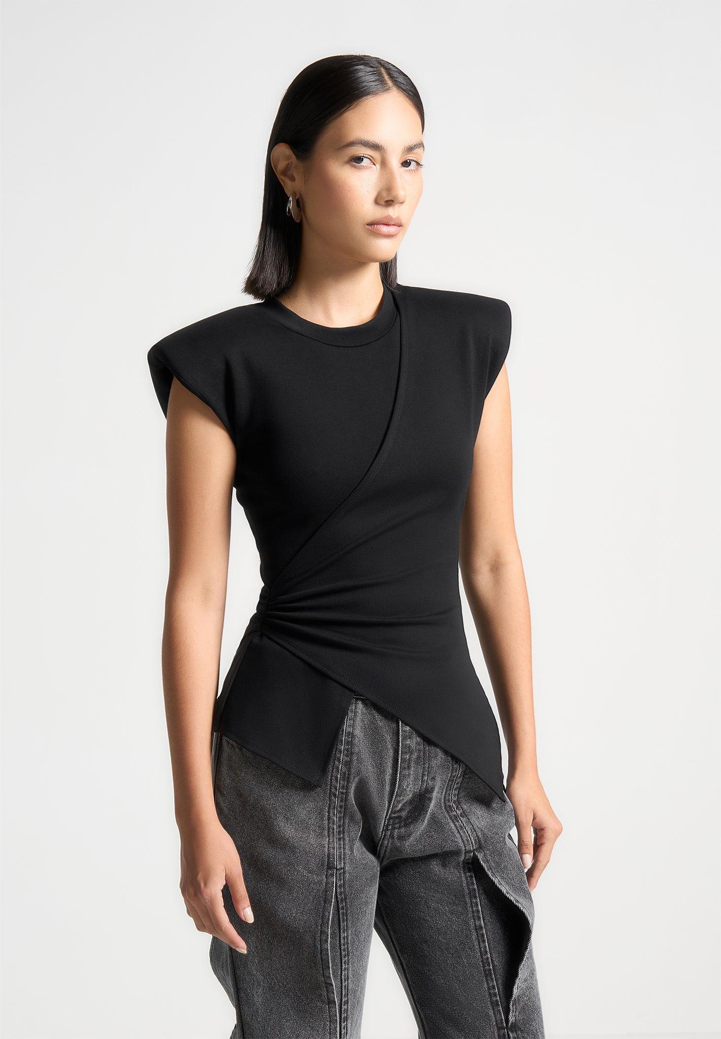 Wide Shoulder Ruched Waist Top - Black Female Product Image