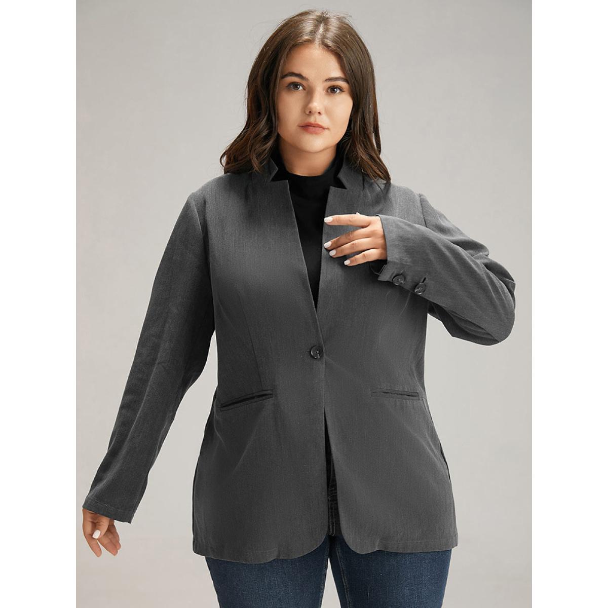 Plus Size Stand Collar Button Up Pocket Blazer Gray Women Work Plain Plain Sleeve Long Sleeve Stand-up collar 26/4X Pocket Office Blazers BloomChic Product Image