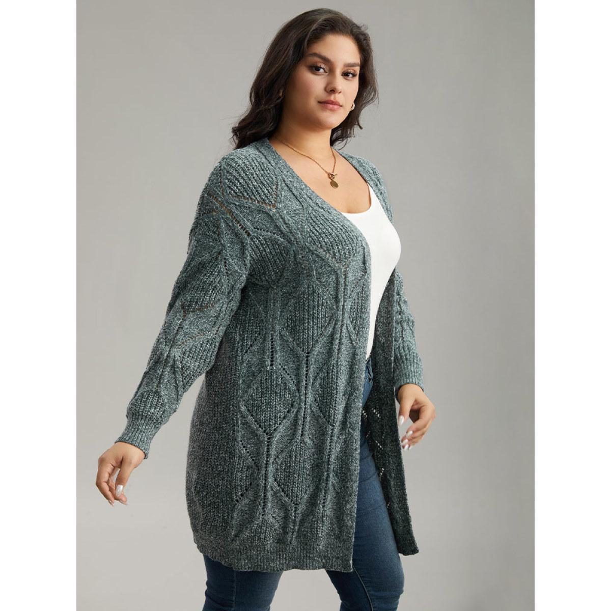 Plus Size Plain Cable Knit Drop Shoulder Cardigan DarkGreen Women Casual Loose Long Sleeve Dailywear Cardigans BloomChic 14-16/1X Product Image