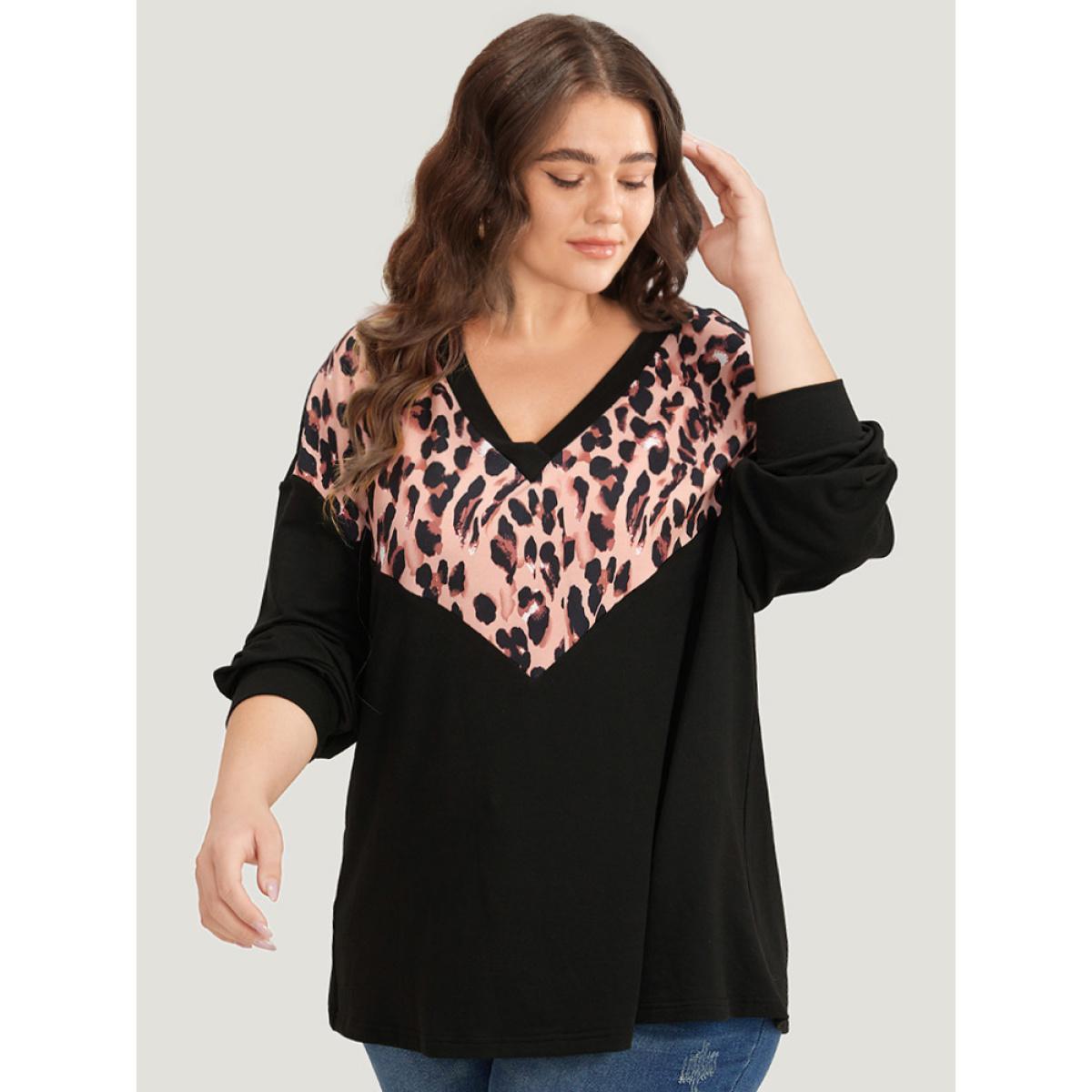 Plus Size Leopard Print Patchwork V Neck Contrast Trim Sweatshirt Women Black Casual Elastic cuffs V-neck Dailywear Sweatshirts BloomChic 30/6X Product Image