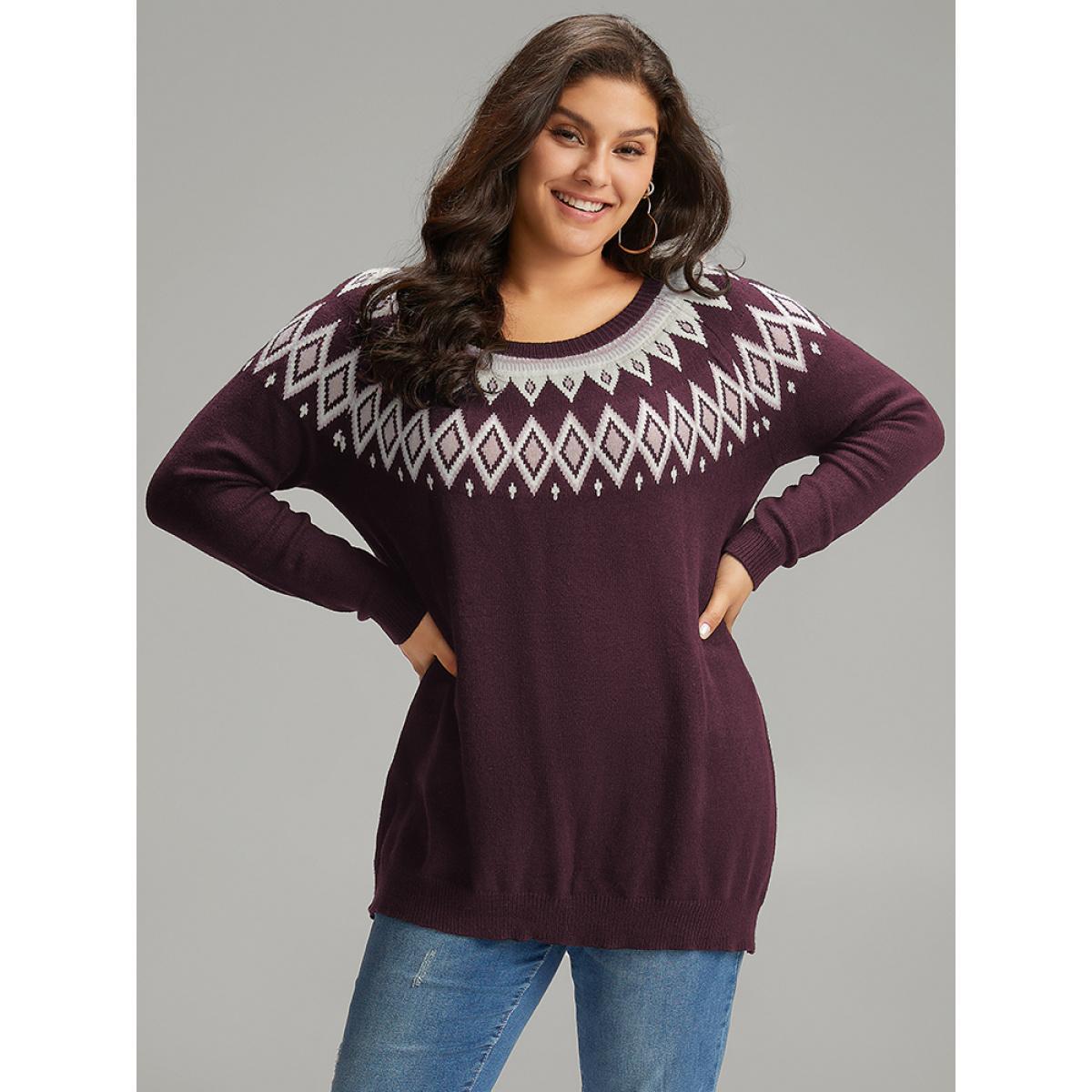 Plus Size Supersoft Essentials Geo Contrast Raglan Sleeve Pullover Eggplant Women Casual Loose Long Sleeve Round Neck Dailywear Pullovers BloomChic 22-24/3X Product Image