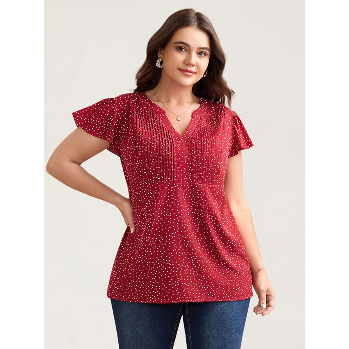 Plus Size Raspberry Polka Dot Print Toothpick Pleat Blouse Women Elegant Short sleeve Notched collar Everyday Blouses BloomChic 14-16/1X Product Image