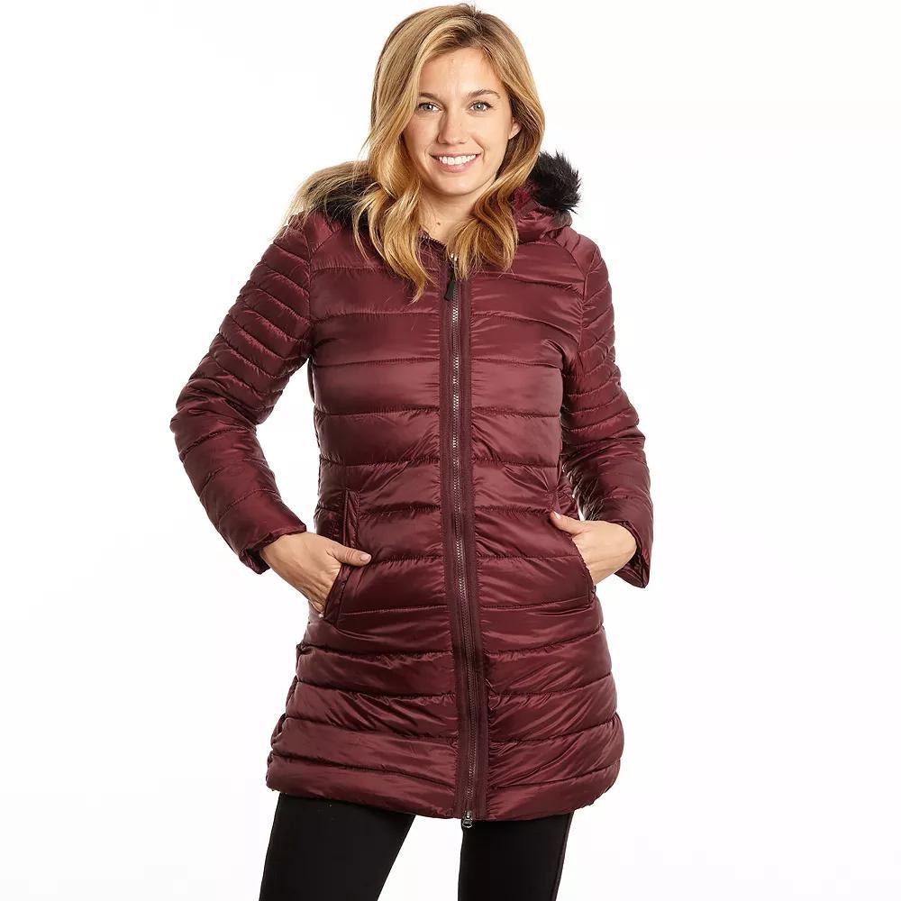 Womens Excelled Poly 3/4 Puffer with Attached Hood Faux Fur Trim, Women's, Size: Small, Red Product Image