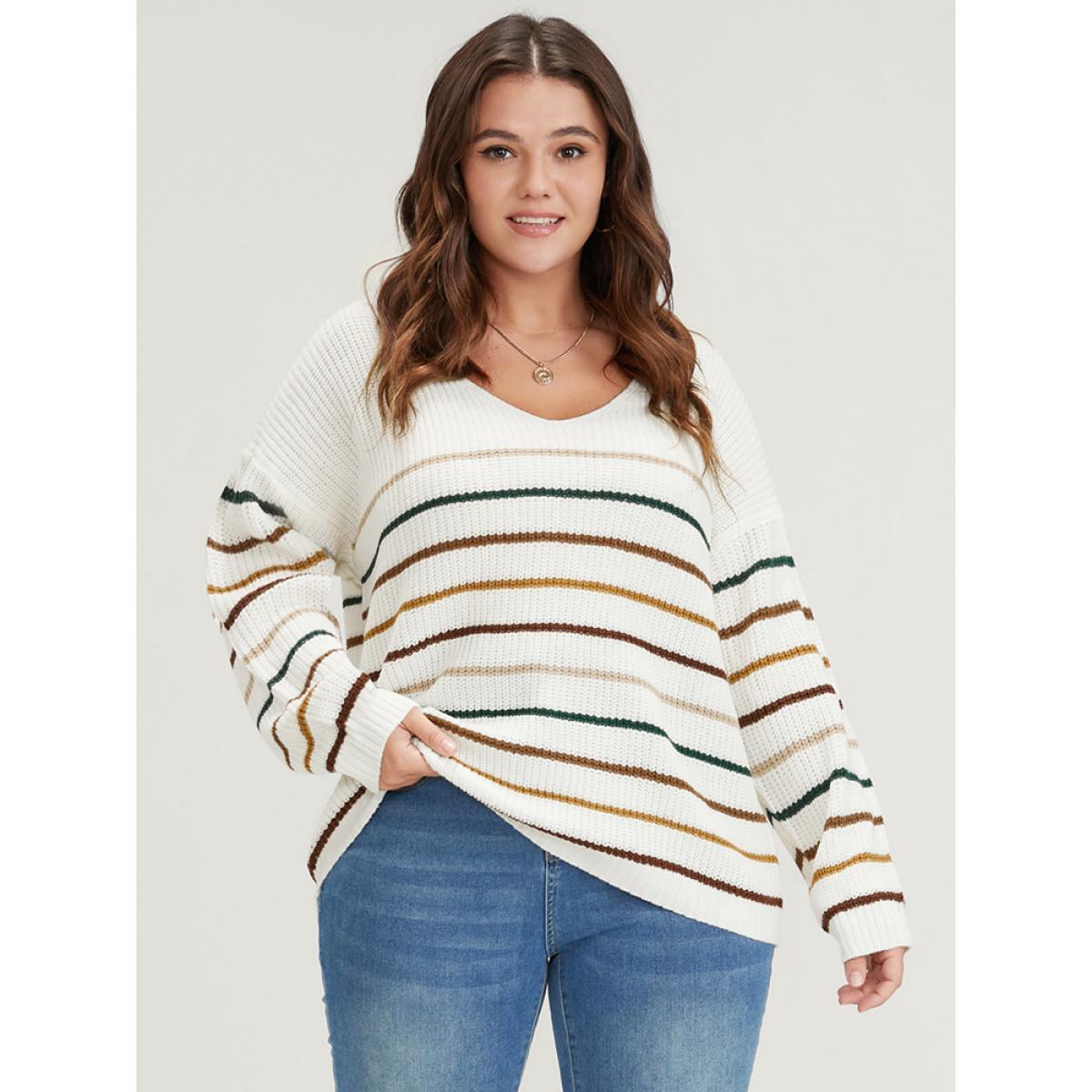 Plus Size Striped Contrast Pointelle Knit V Neck Knit Top White Women Elegant Loose Long Sleeve V-neck Dailywear Pullovers BloomChic 22-24/3X Product Image