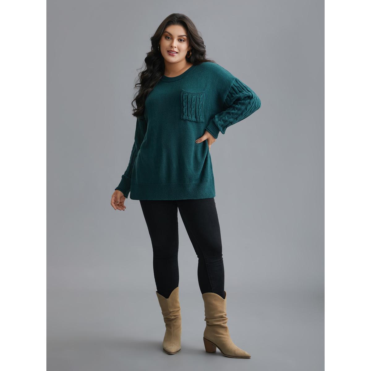 Plus Size Cable Knit Sleeve Chest Pocket Pullover Cyan Women Casual Loose Long Sleeve Round Neck Everyday Pullovers BloomChic 18-20/2X Product Image