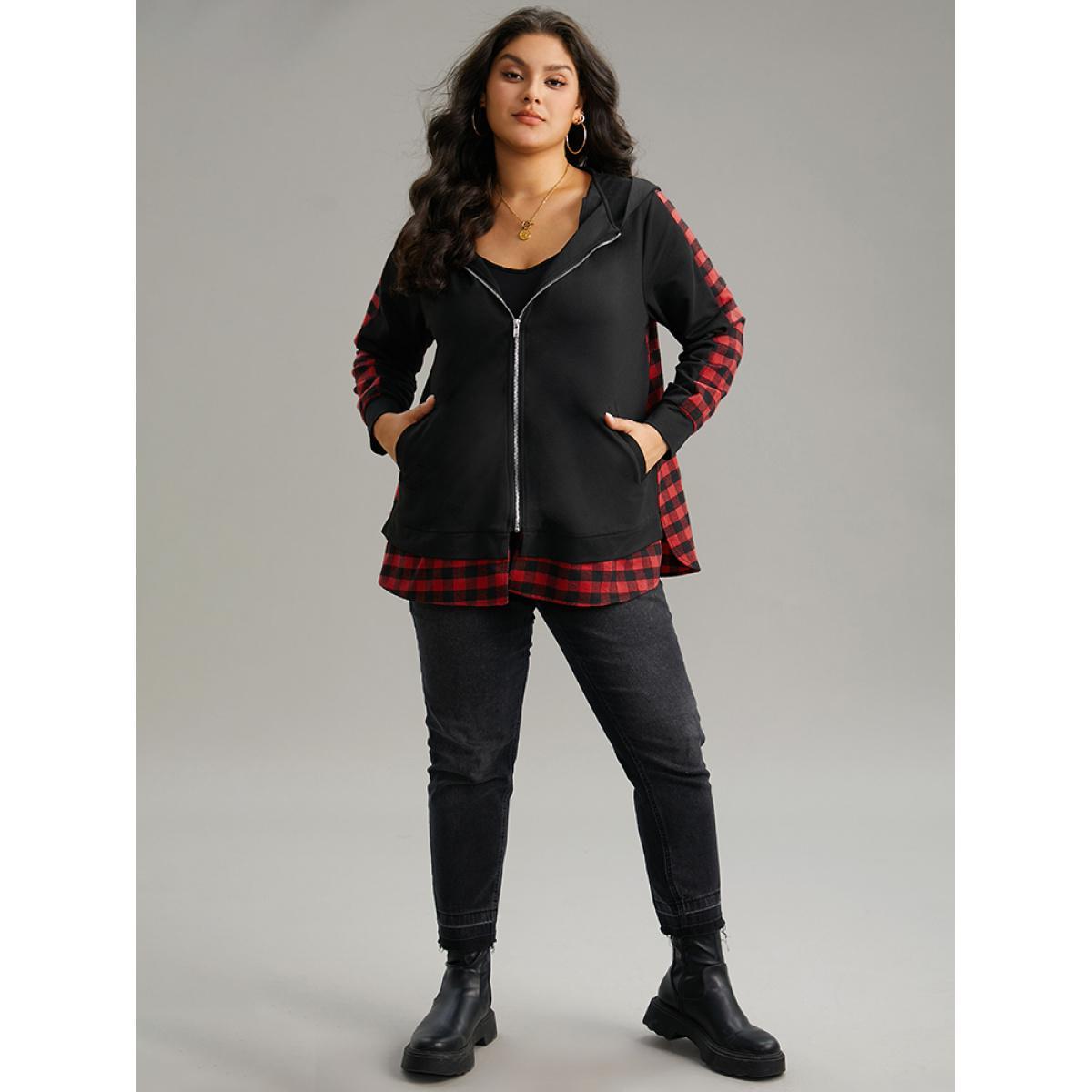 Plus Size Plaid Patchwork Zipper Hooded Asymmetrical Hem Jacket Women Black Contrast Pocket Dailywear Jackets BloomChic 14-16/1X Product Image