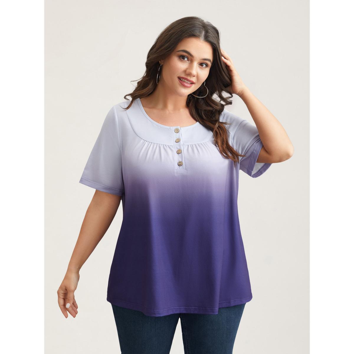 Plus Size Gradient Pleated Button-Front T-Shirt Deeppurple Women Casual Gathered Round Neck Everyday T-shirts BloomChic 26/4X Product Image