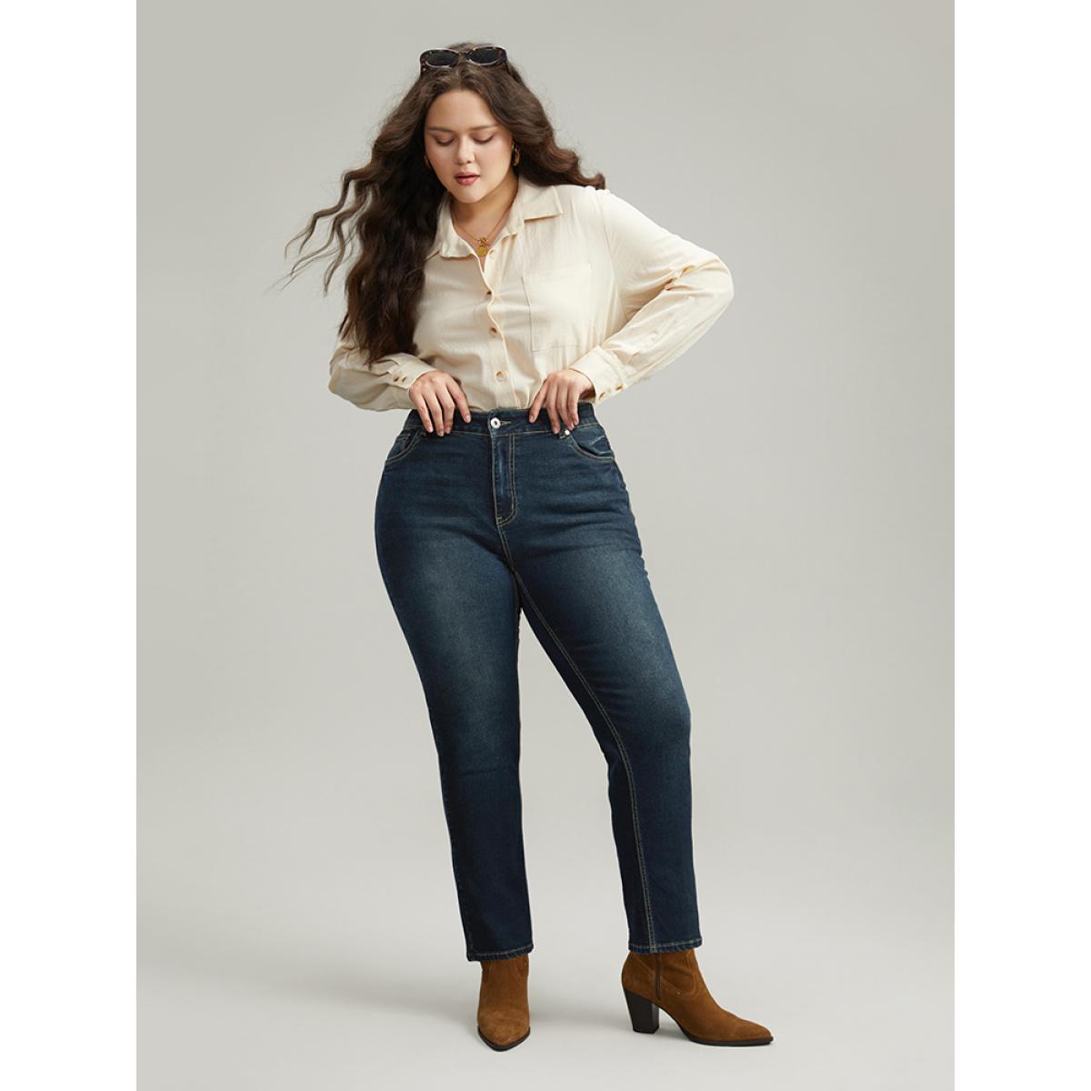 Plus Size Dark Wash Straight Leg High Rise Jeans Women Indigo Casual Plain Plain High stretch Pocket Jeans BloomChic 30/6X Product Image