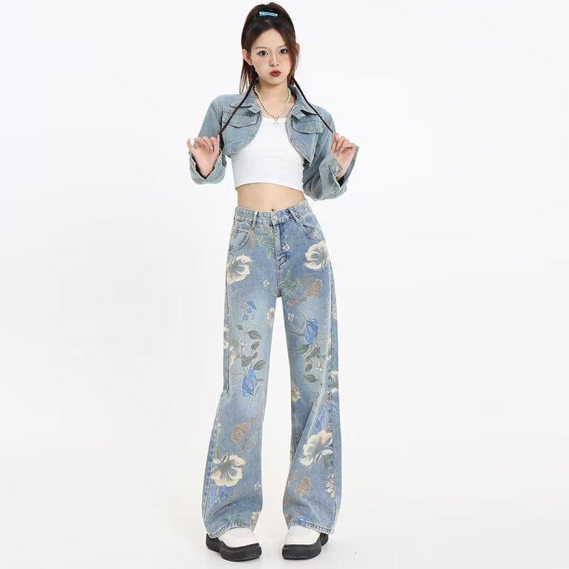High Rise Floral Print Washed Loose Fit Jeans Product Image
