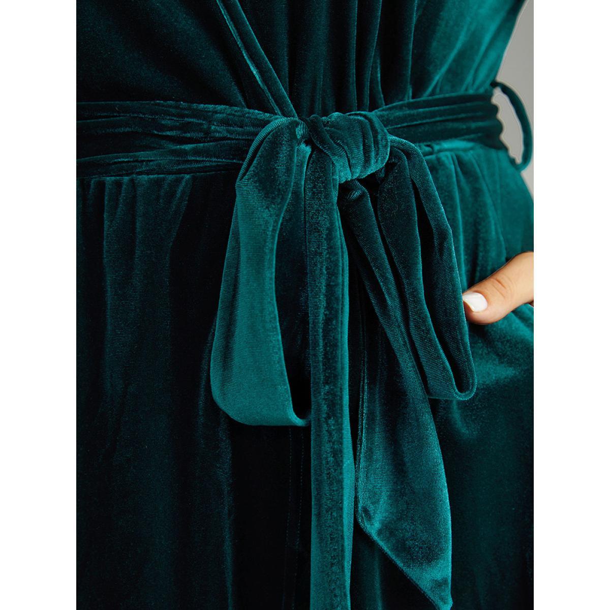 Plus Size Solid Velvet Belted Wrap Arc Hem Dress Cyan Women Elegant Elastic cuffs Overlap Collar Long Sleeve Curvy Midi Dress BloomChic 10/M Product Image