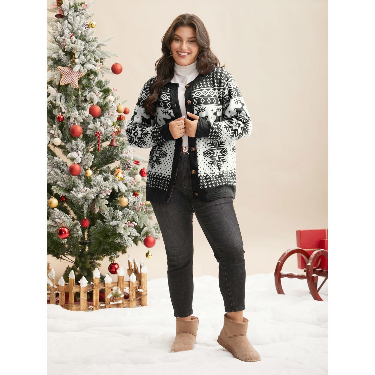 Plus Size Reindeer And Snow Pattern Button-Front Cardigan Black Women Casual Loose Long Sleeve Everyday Cardigans BloomChic 18-20/2X Product Image