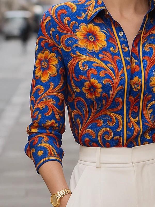 Long Sleeves Buttoned Flower Print Lapel Blouses&Shirts Tops Product Image