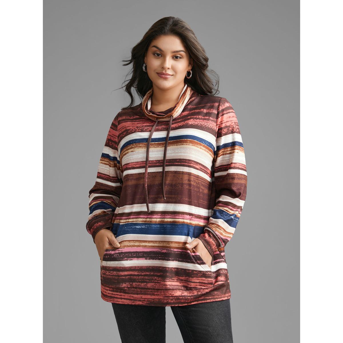 Plus Size Striped Patched Pocket Drawstring Sweatshirt Women Multicolor Casual Drawstring Loose Ruffled collar Everyday Sweatshirts BloomChic 18-20/2X Product Image