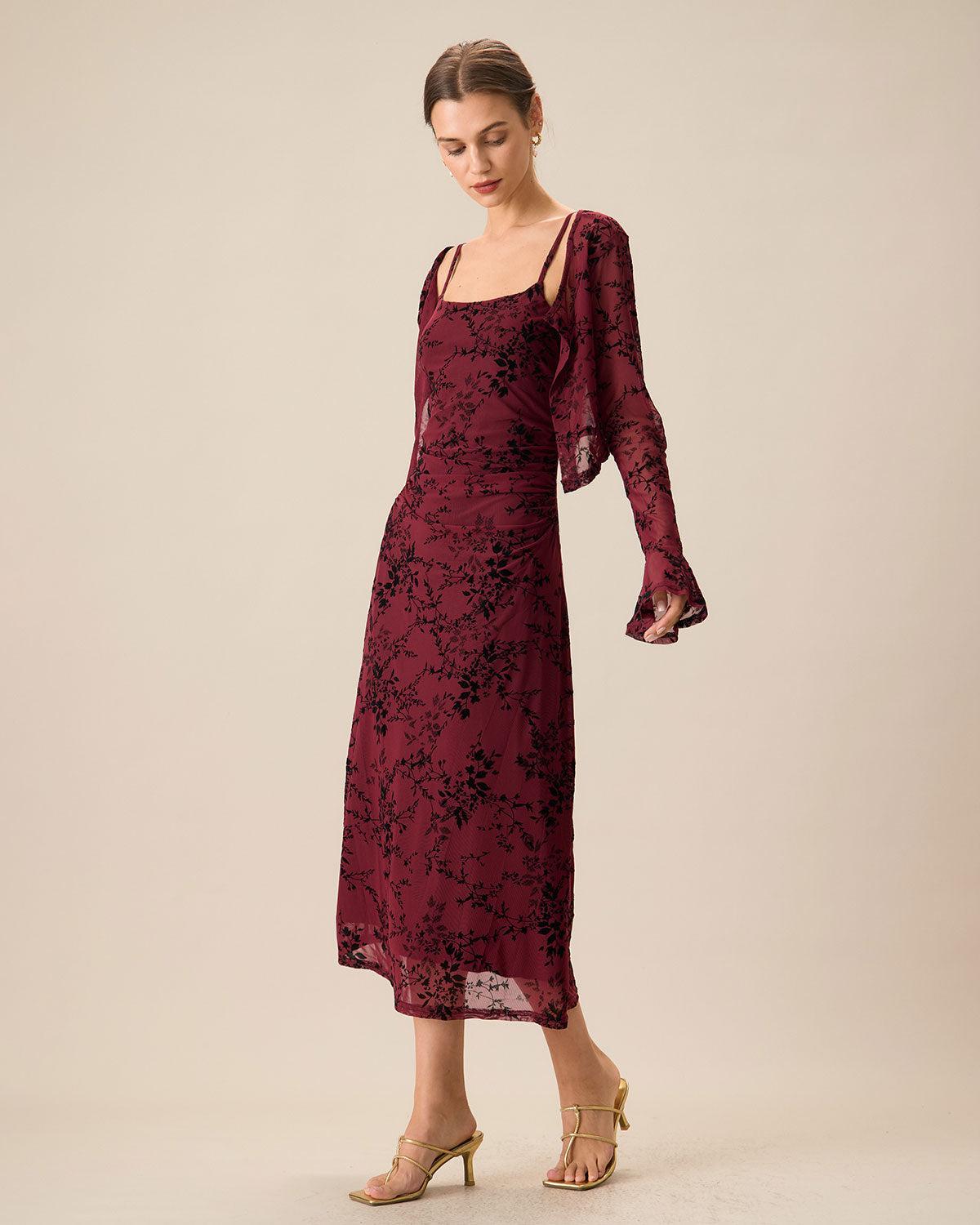 Red Floral Bodycon Slip Midi Dress Product Image