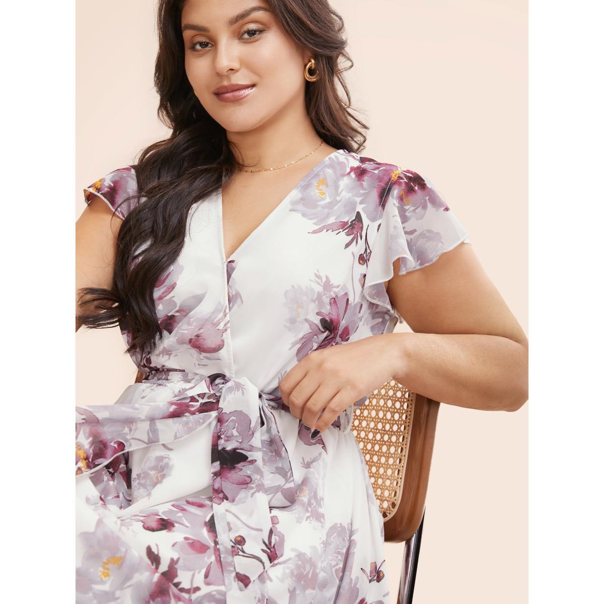 Plus Size Floral Overlap Collar Ruffle Cap Sleeve Dress Mauve Women Elegant Belted Overlap Collar Cap Sleeve Curvy BloomChic 22-24/3X Product Image