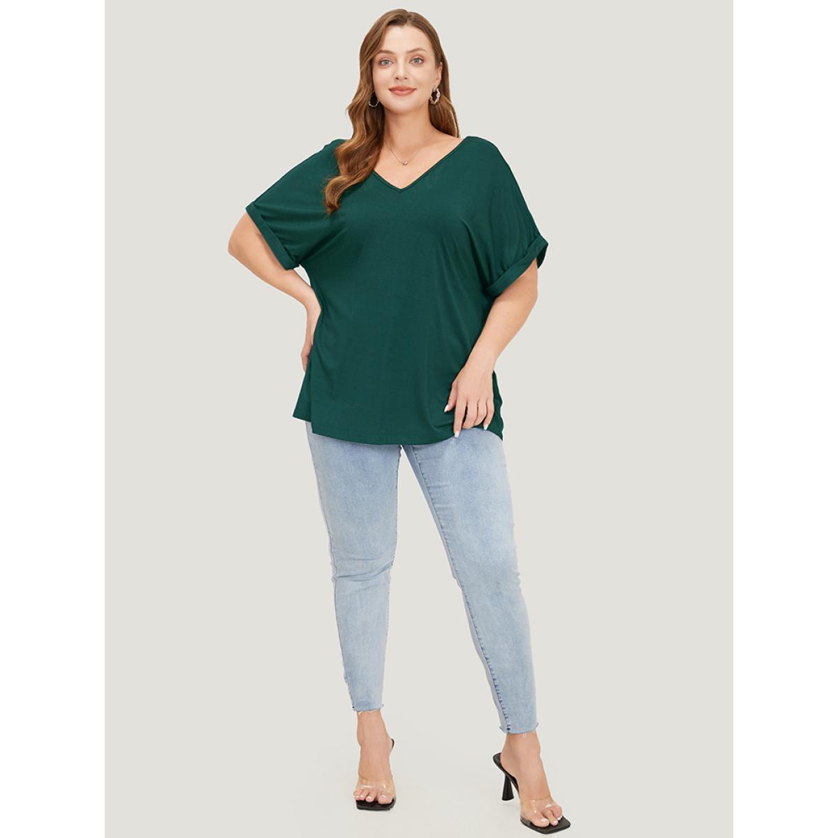 Plus Size Solid Backless Roll Sleeve Cut Out T-shirt Green Women Elegant Cut-Out Plain V-neck Dailywear T-shirts BloomChic 12/L Product Image