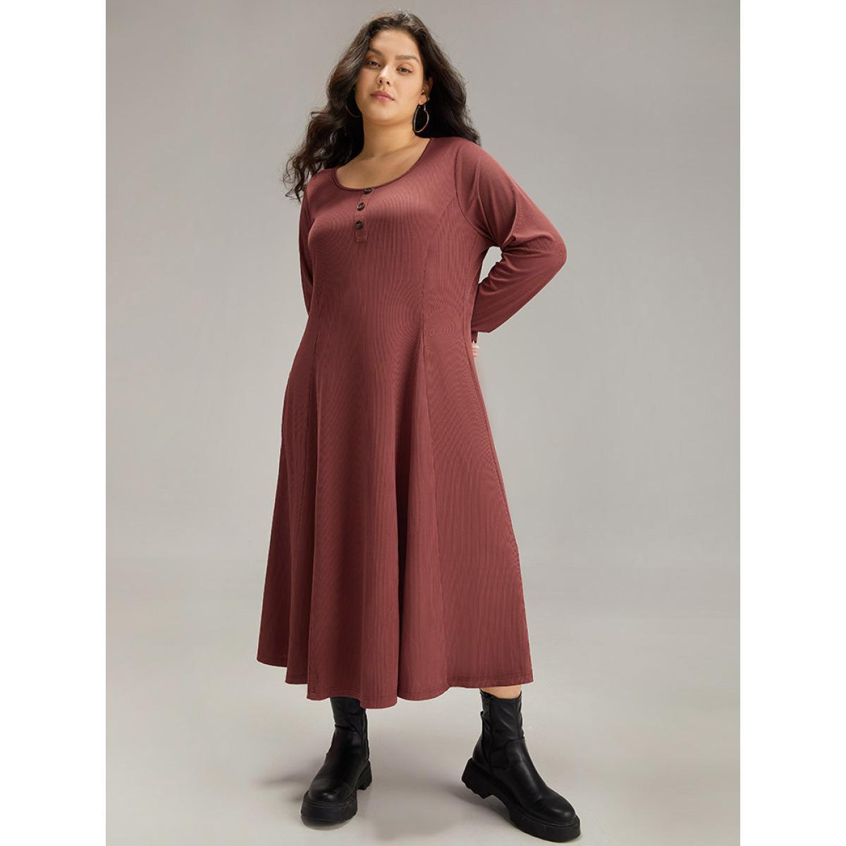 Plus Size Rib Knit Solid Button Up Pocket Ruffle Hem Dress Scarlet Women Casual Plain Round Neck Long Sleeve Curvy Midi Dress BloomChic 22-24/3X Product Image