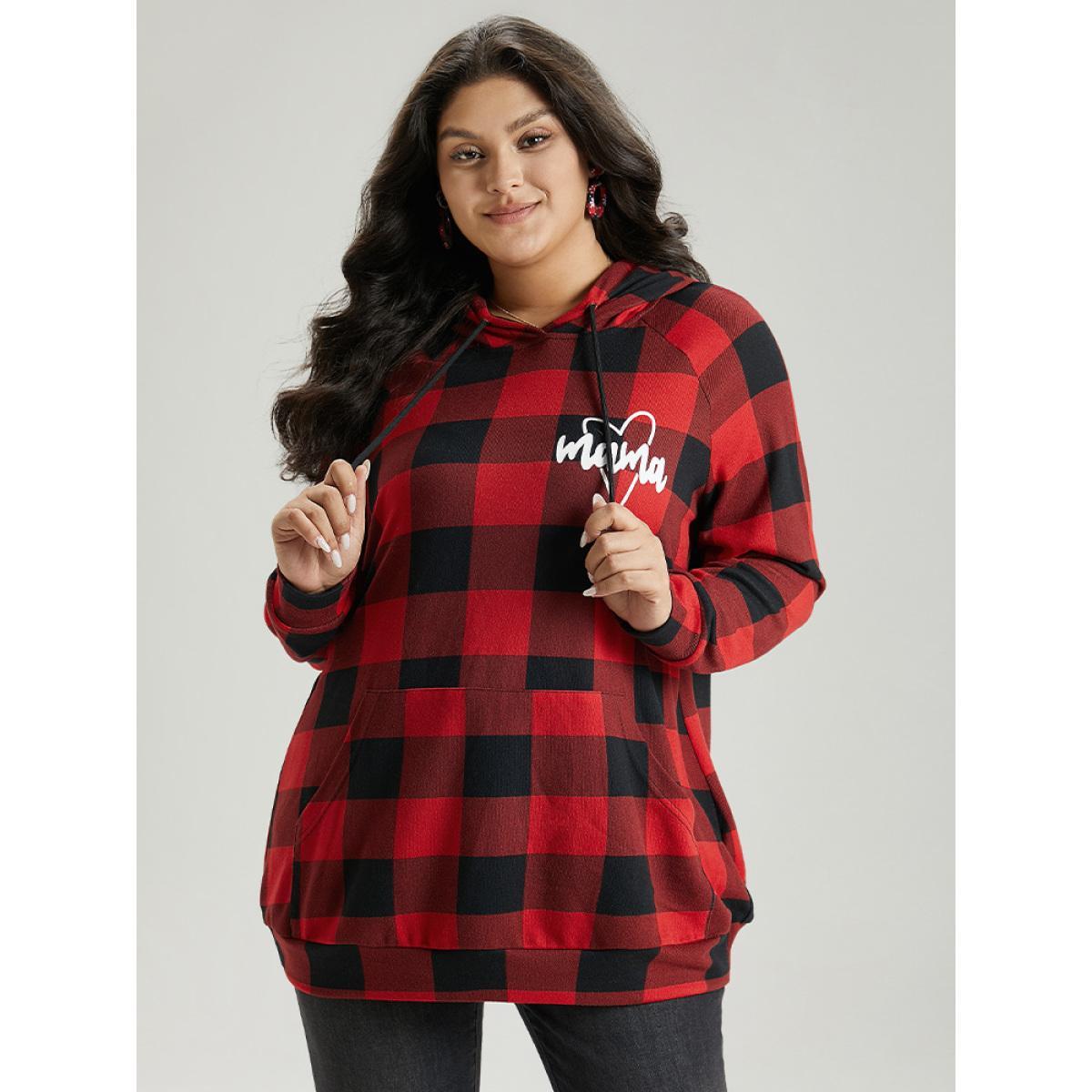 Plus Size Letter Plaid Hooded Drawstring Pocket Sweatshirt Women Red Casual Elastic cuffs Hooded Festival-Christmas Sweatshirts BloomChic 10/M Product Image