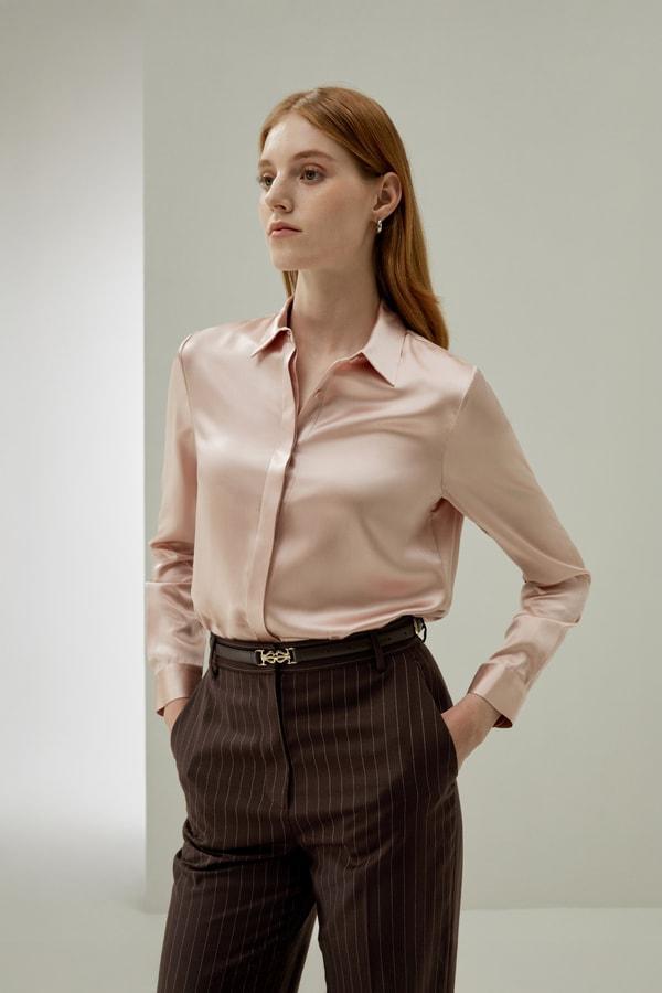 Basic Concealed Placket Silk Shirt Product Image