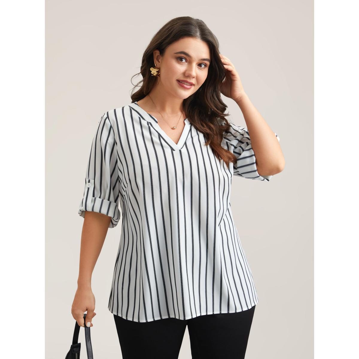Plus Size WhiteSmoke Notched Collar Striped Tab Sleeve Shirt Women At the Office Elbow-length sleeve Notched collar Work Blouses BloomChic 26/4X Product Image