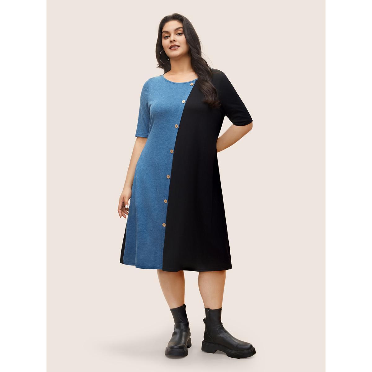 Plus Size Supersoft Essentials Colorblock Button Detail Patchwork Dress Blue Women Casual Non Round Neck Short sleeve Curvy Midi Dress BloomChic 28/5X Product Image