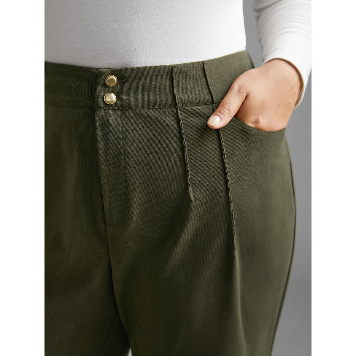 Plus Size Mid Rise Double Breasted Pleated Bootcut Pants Women ArmyGreen Elegant Bootcut Mid Rise Everyday Pants BloomChic 18-20/2X Product Image