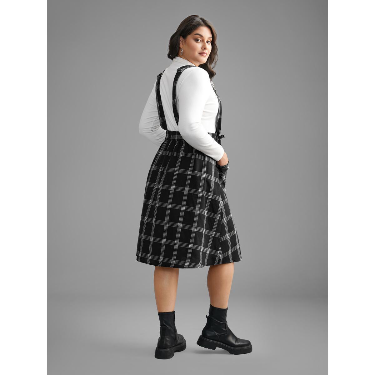 Plus Size Plaid Square Neck Patched Pocket Dress Black Women Casual Non Square Neck Sleeveless Curvy BloomChic 18-20/2X Product Image