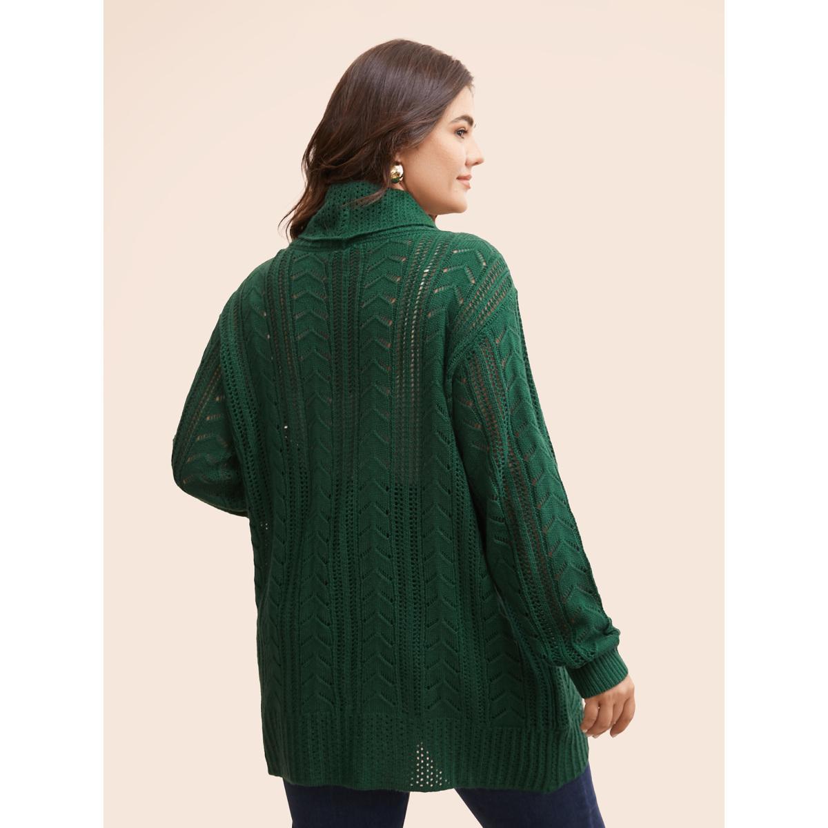 Plus Size Kimono Collar Cable Knit Arc Hem Cardigan DarkGreen Women Casual Loose Long Sleeve Everyday Cardigans BloomChic 30/6X Product Image