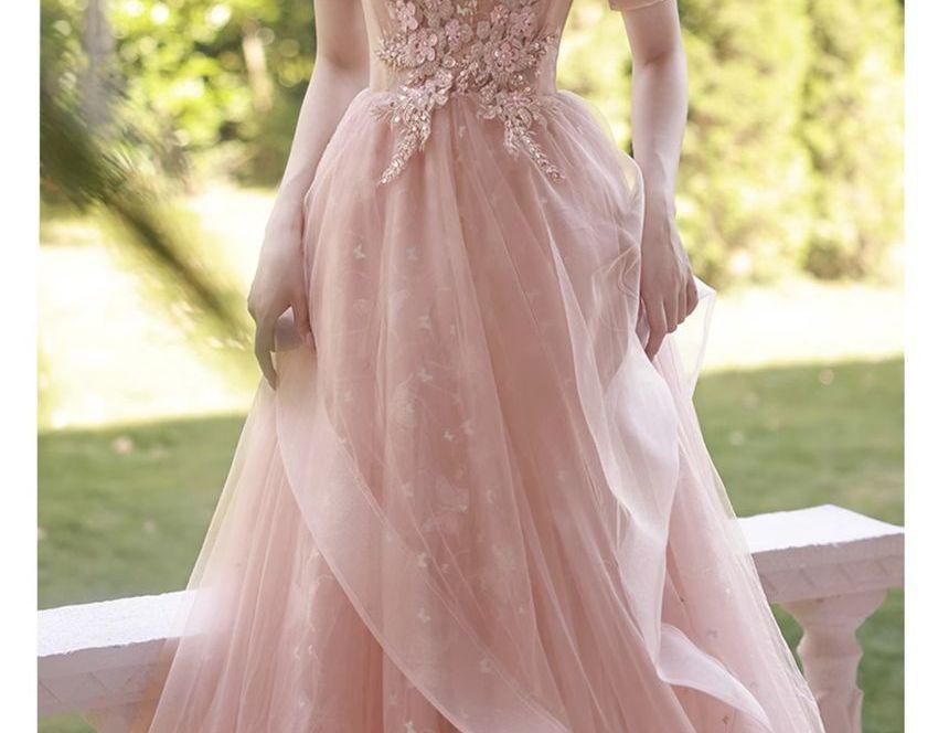 Short-Sleeve Square Neck Lace-Up Back Mesh A-Line Evening Gown Product Image