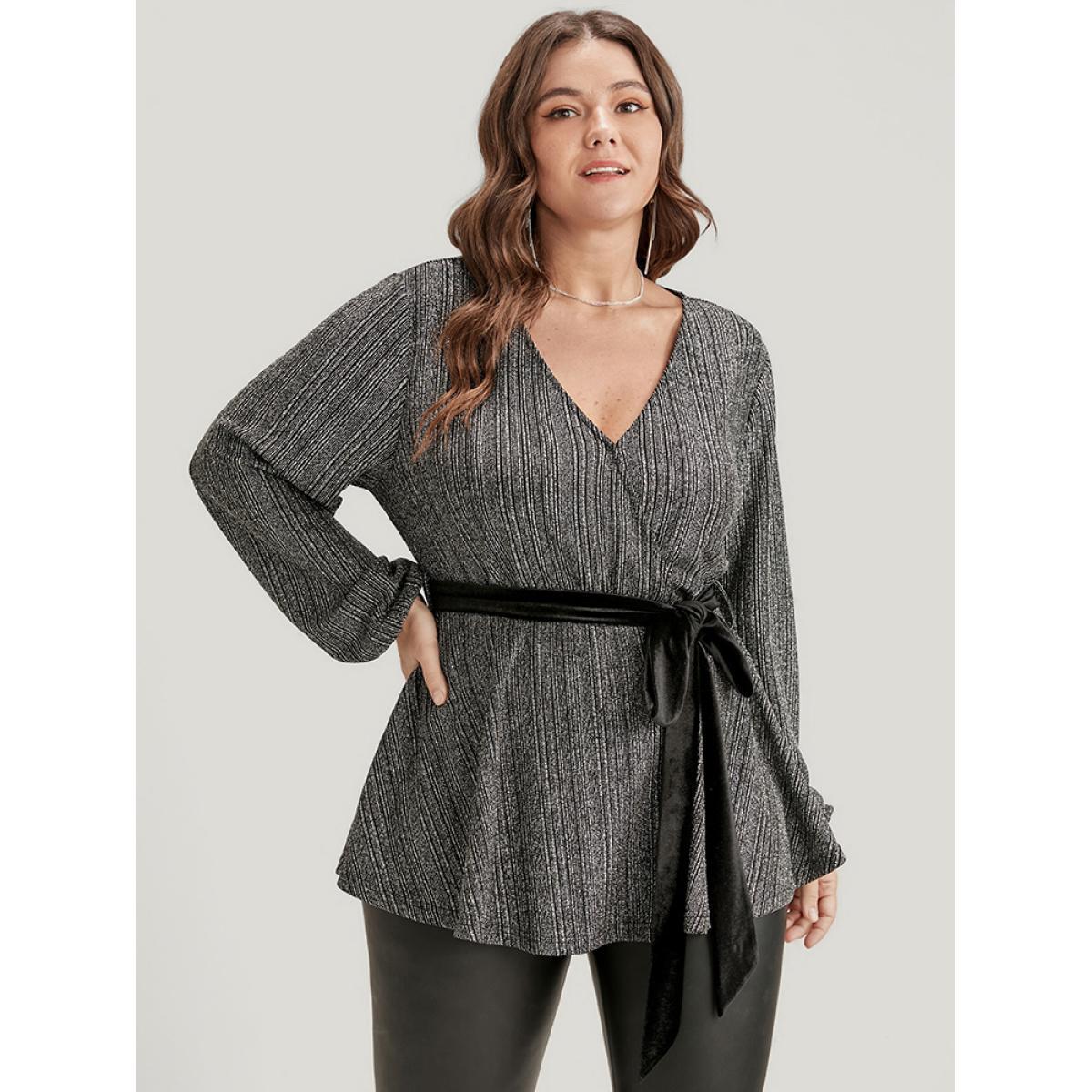 Plus Size Black Solid Wrap Lantern Sleeve Belted Sequin Blouse Women Party Long Sleeve V-neck Going out Blouses BloomChic 28/5X Product Image