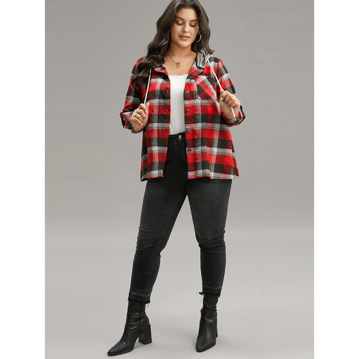 Plus Size Plaid Patchwork Hooded Drawstring Button Through Jacket Women Red Dailywear Jackets BloomChic 22-24/3X Product Image