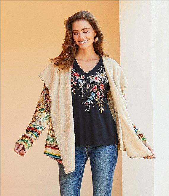 JOHNNY WAS Lissa Embroidered Floral Print Cotton Knit Jersey V-Neck Short Flutter Sleeve Tee Shirt Product Image