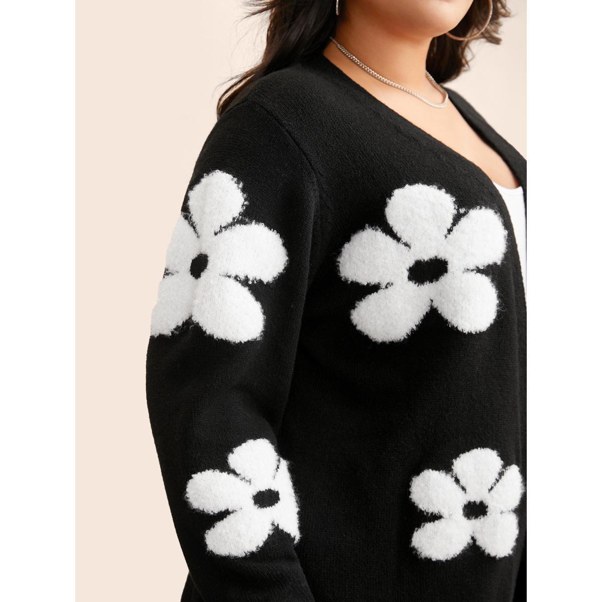 Plus Size Floral Jacquard Drop Shoulder Sleeve Cardigan Black Women Casual Loose Long Sleeve Everyday Cardigans BloomChic 30/6X Product Image