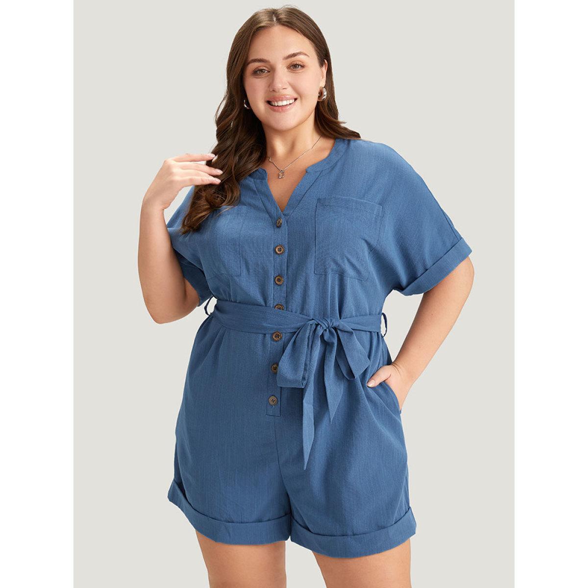 Plus Size Stone Anti-Wrinkle Solid Patched Pocket Notched Button Up Belt Romper Women Office Short sleeve Notched collar Work Loose Jumpsuits BloomChic 12/L Product Image
