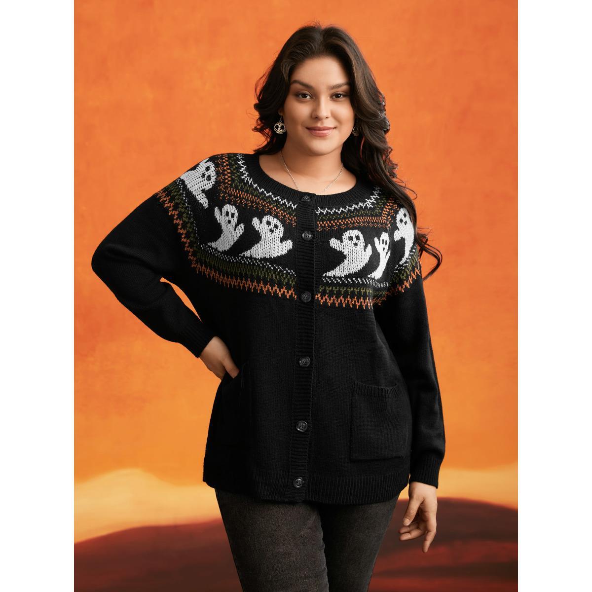 Plus Size Ghostly Fair Isle Button-Up Cardigan Black Women Casual Long Sleeve Everyday Cardigans BloomChic 30/6X Product Image