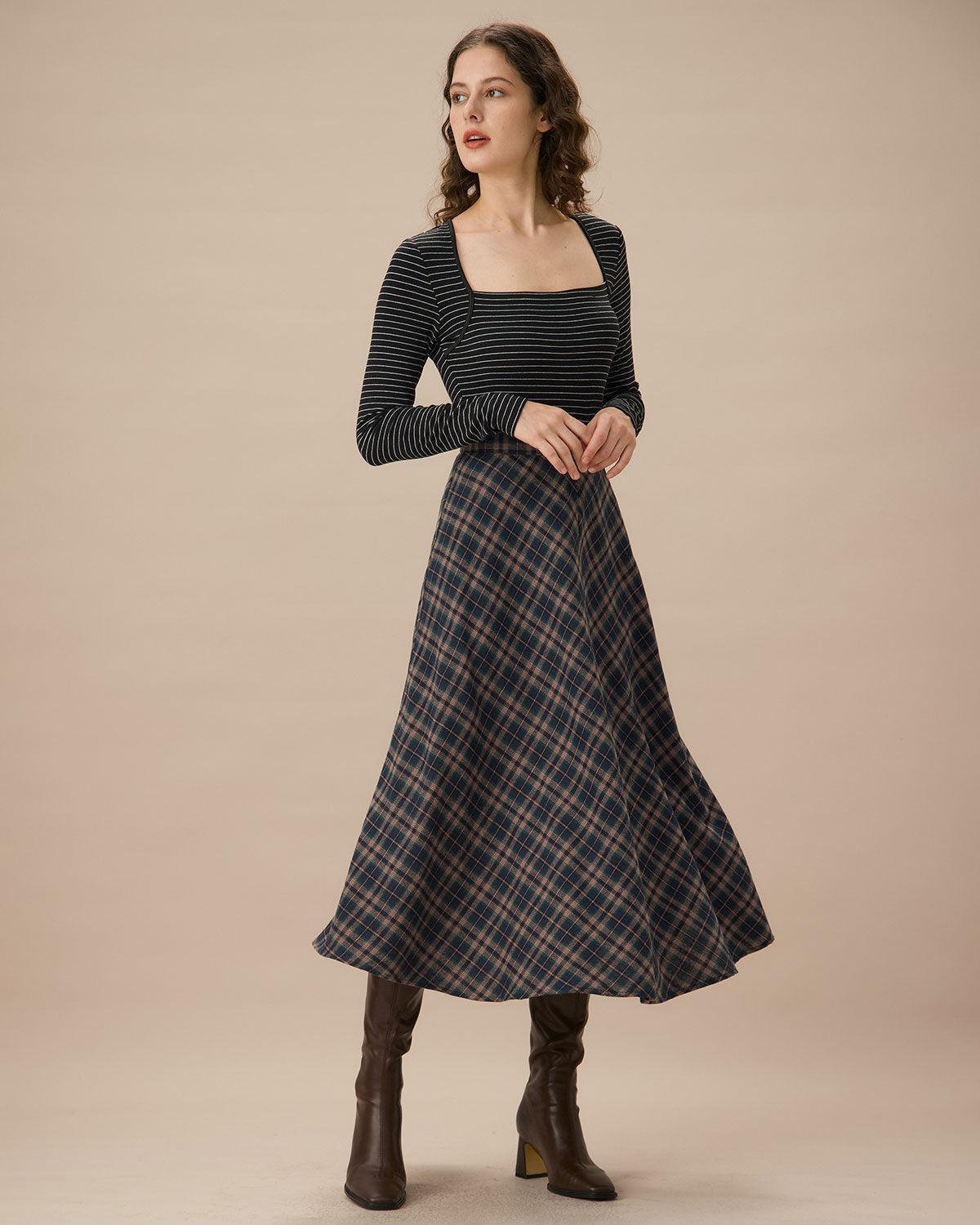 Navy Plaid Flared Midi Skirt Product Image